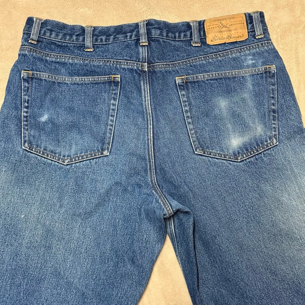 Men's Eddie Bauer Straight Jeans 38x32 Blue with Red Plaid Lining